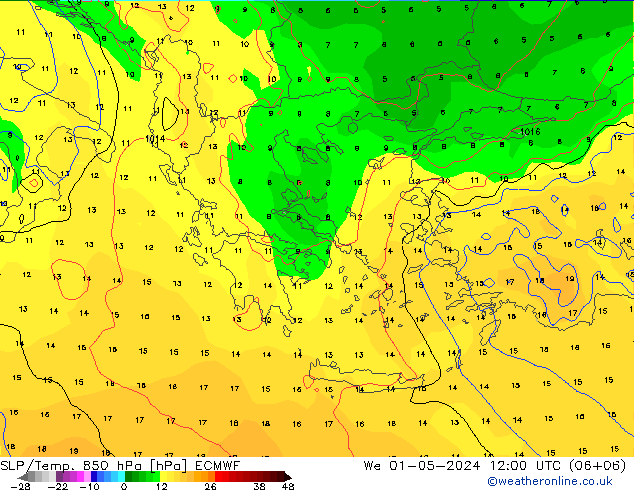 SLP/Temp. 850 hPa ECMWF mer 01.05.2024 12 UTC