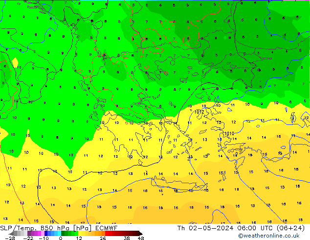 SLP/Temp. 850 hPa ECMWF Th 02.05.2024 06 UTC