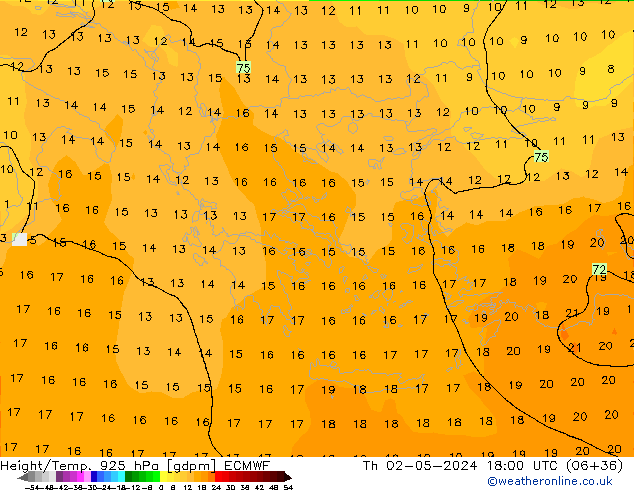 Height/Temp. 925 hPa ECMWF Čt 02.05.2024 18 UTC