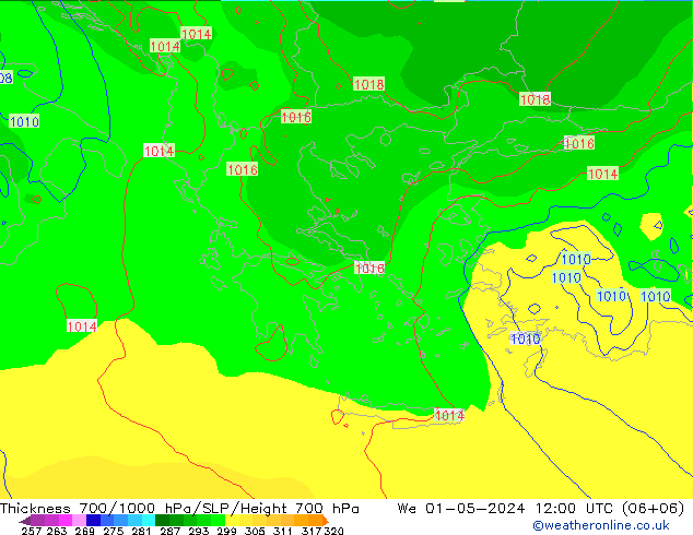 Thck 700-1000 hPa ECMWF mer 01.05.2024 12 UTC