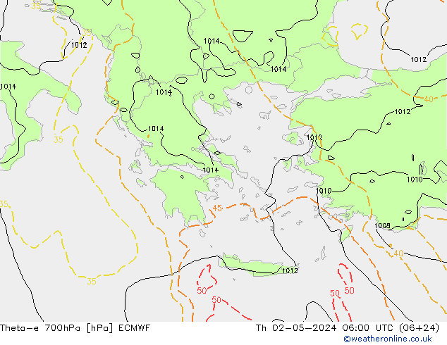 Theta-e 700hPa ECMWF Th 02.05.2024 06 UTC