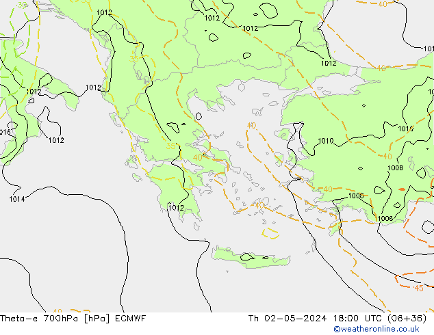 Theta-e 700hPa ECMWF Qui 02.05.2024 18 UTC