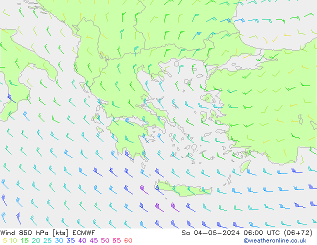 wiatr 850 hPa ECMWF so. 04.05.2024 06 UTC