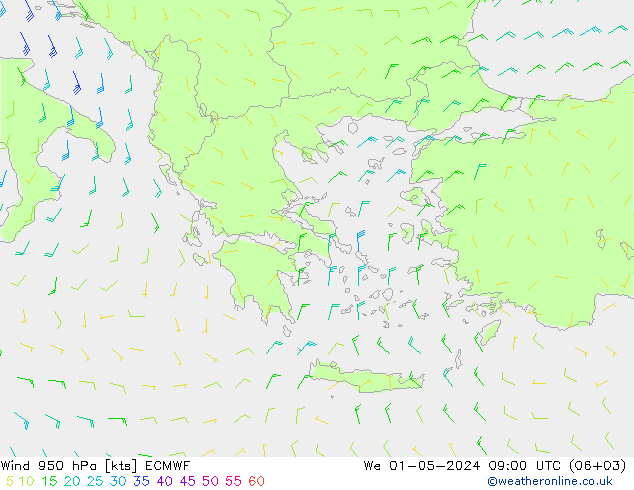 wiatr 950 hPa ECMWF śro. 01.05.2024 09 UTC