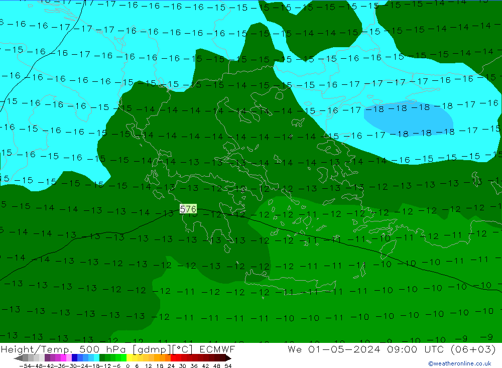 Height/Temp. 500 hPa ECMWF śro. 01.05.2024 09 UTC