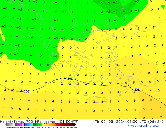 Height/Temp. 700 hPa ECMWF Th 02.05.2024 06 UTC