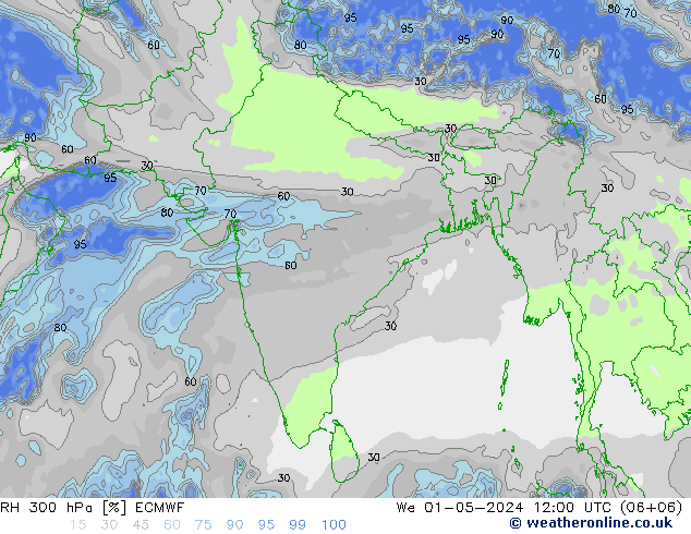 Humidité rel. 300 hPa ECMWF mer 01.05.2024 12 UTC