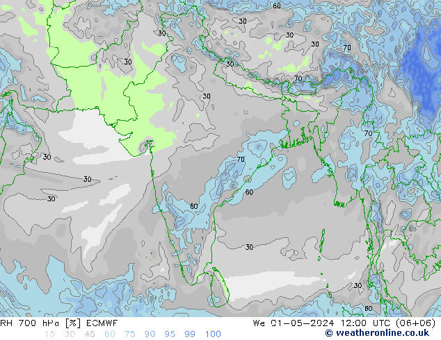 Humidité rel. 700 hPa ECMWF mer 01.05.2024 12 UTC