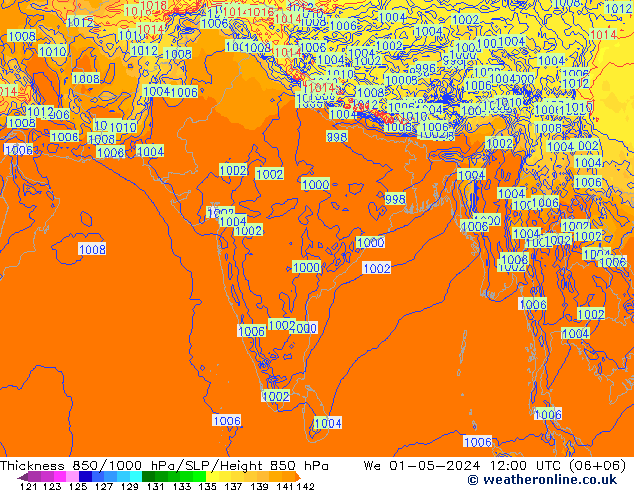 Thck 850-1000 hPa ECMWF mer 01.05.2024 12 UTC