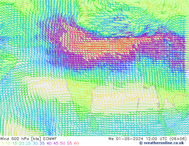 Vent 500 hPa ECMWF mer 01.05.2024 12 UTC