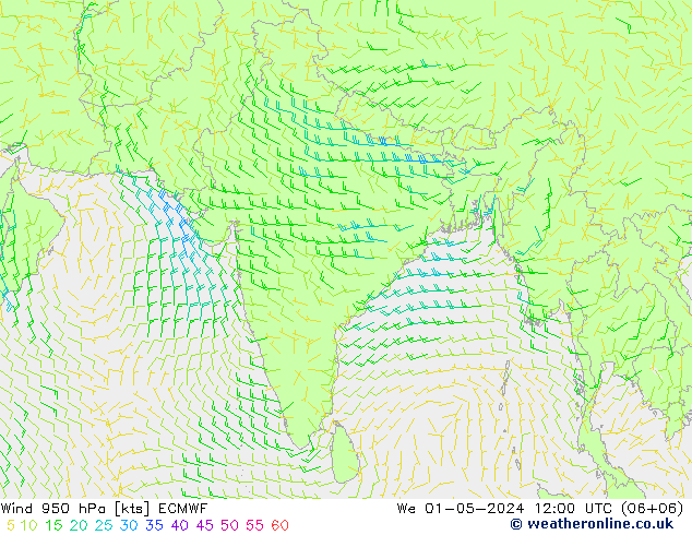 Vent 950 hPa ECMWF mer 01.05.2024 12 UTC