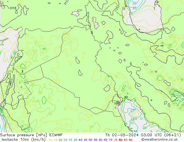 Isotachs (kph) ECMWF чт 02.05.2024 03 UTC