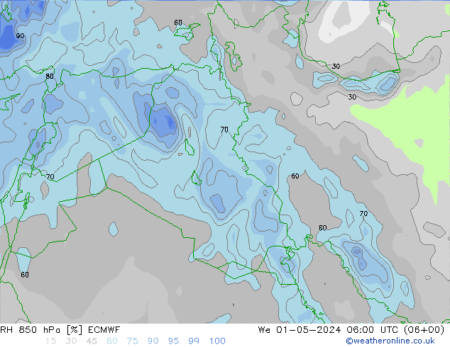 RH 850 hPa ECMWF mer 01.05.2024 06 UTC