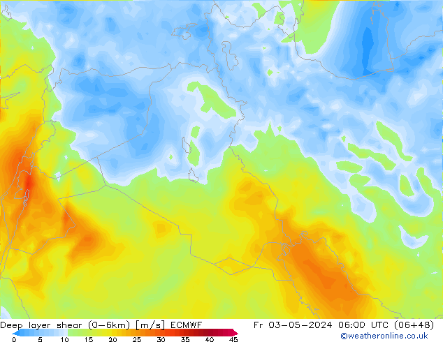 Deep layer shear (0-6km) ECMWF Fr 03.05.2024 06 UTC