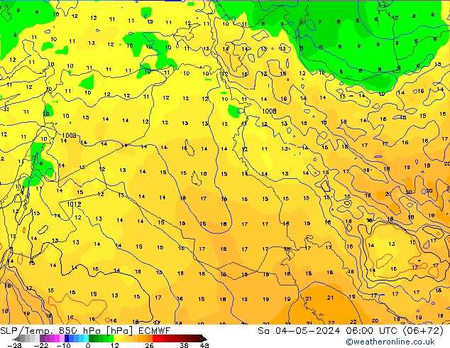 SLP/Temp. 850 hPa ECMWF Sáb 04.05.2024 06 UTC