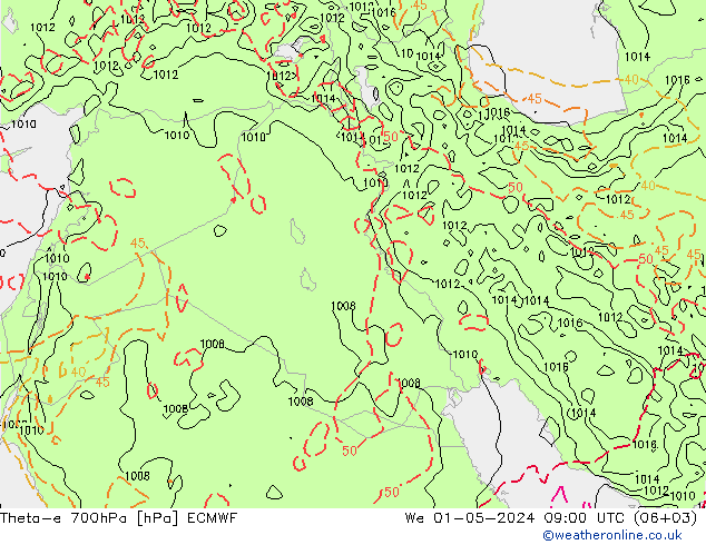 Theta-e 700гПа ECMWF ср 01.05.2024 09 UTC