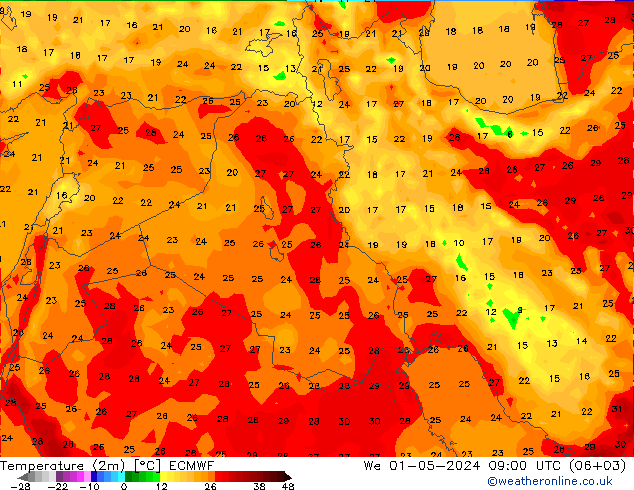 Sıcaklık Haritası (2m) ECMWF Çar 01.05.2024 09 UTC