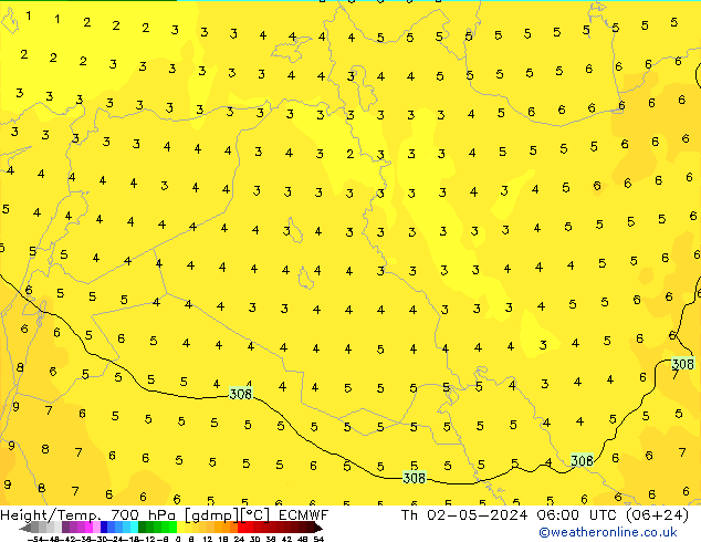 Height/Temp. 700 hPa ECMWF Th 02.05.2024 06 UTC