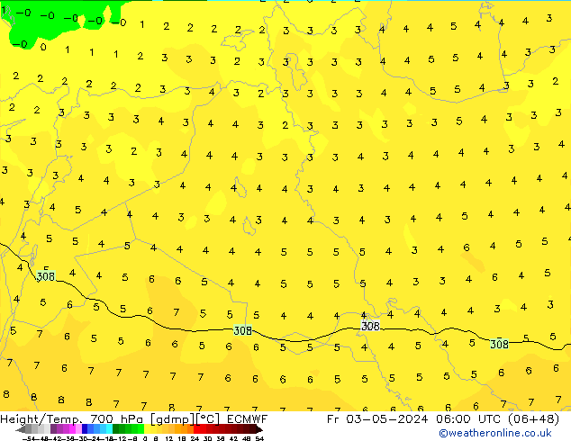 Height/Temp. 700 hPa ECMWF ven 03.05.2024 06 UTC