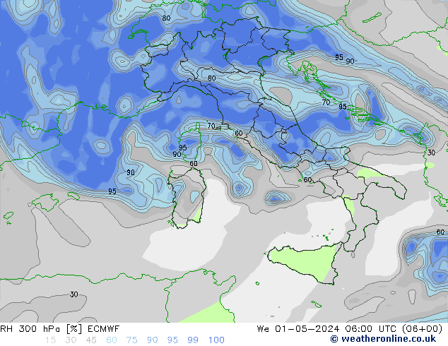 Humidité rel. 300 hPa ECMWF mer 01.05.2024 06 UTC
