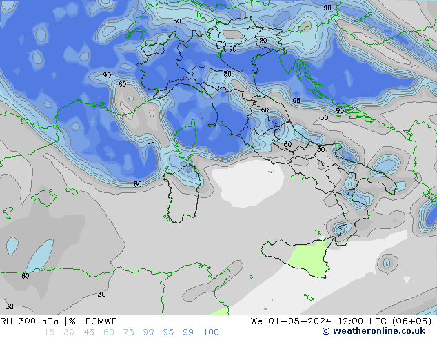 RH 300 hPa ECMWF śro. 01.05.2024 12 UTC