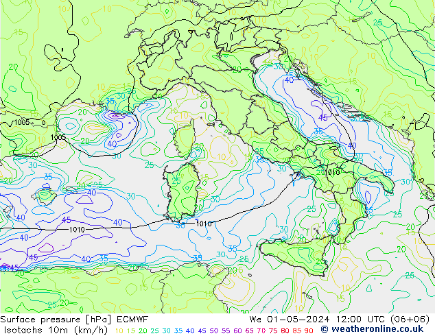 Isotaca (kph) ECMWF mié 01.05.2024 12 UTC