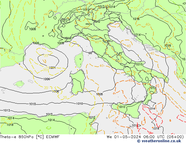 Theta-e 850hPa ECMWF mer 01.05.2024 06 UTC