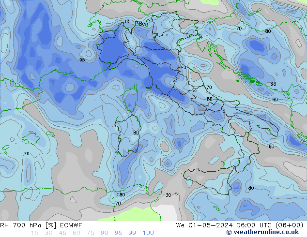 RH 700 hPa ECMWF mer 01.05.2024 06 UTC