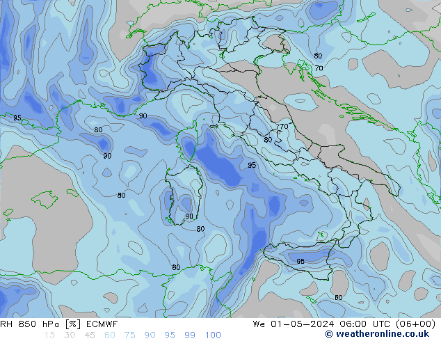 RH 850 hPa ECMWF mer 01.05.2024 06 UTC