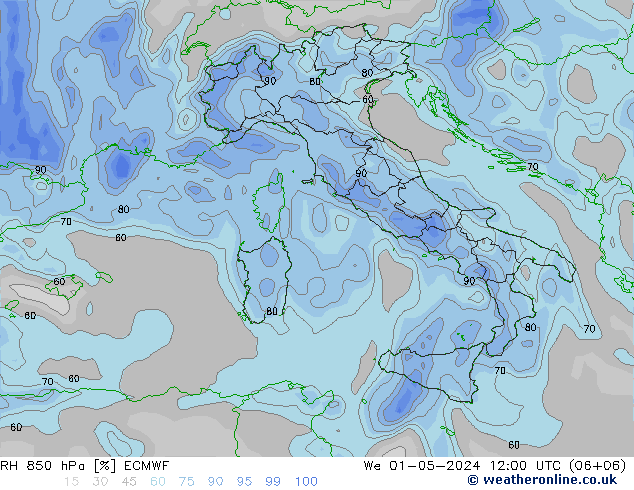 Humedad rel. 850hPa ECMWF mié 01.05.2024 12 UTC