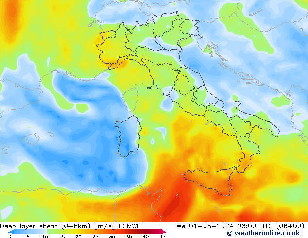 Deep layer shear (0-6km) ECMWF mer 01.05.2024 06 UTC