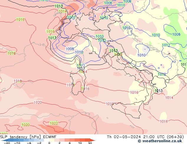 SLP tendency ECMWF Th 02.05.2024 21 UTC