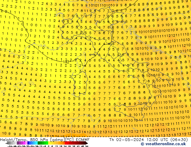 Hoogte/Temp. 850 hPa ECMWF do 02.05.2024 12 UTC