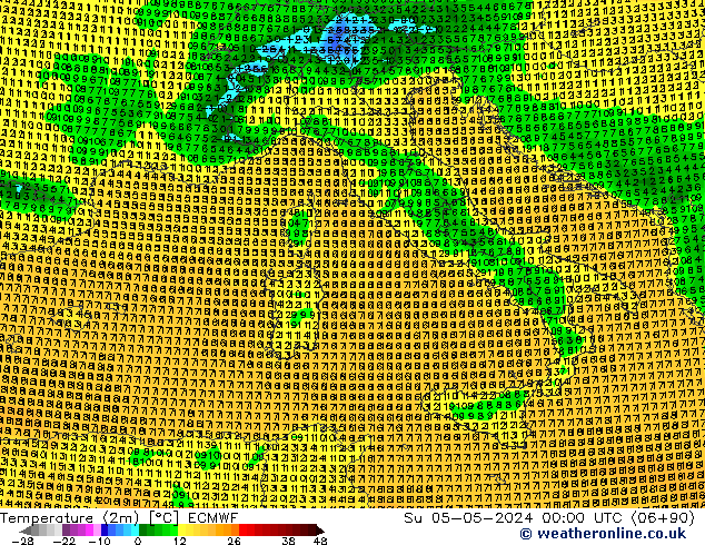 mapa temperatury (2m) ECMWF nie. 05.05.2024 00 UTC