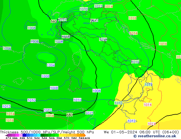 Dikte 500-1000hPa ECMWF wo 01.05.2024 06 UTC