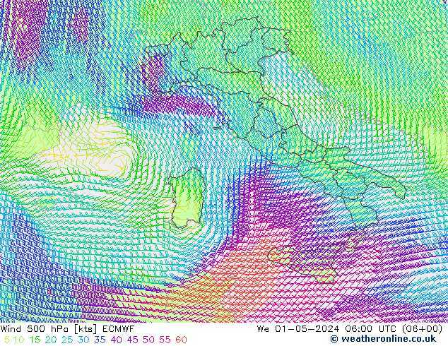 Vento 500 hPa ECMWF mer 01.05.2024 06 UTC