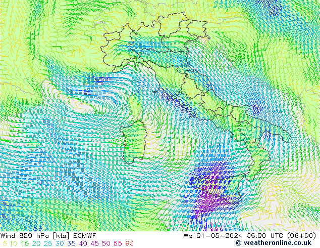 Vento 850 hPa ECMWF mer 01.05.2024 06 UTC