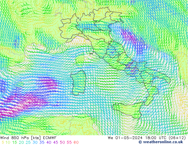 Vent 850 hPa ECMWF mer 01.05.2024 18 UTC