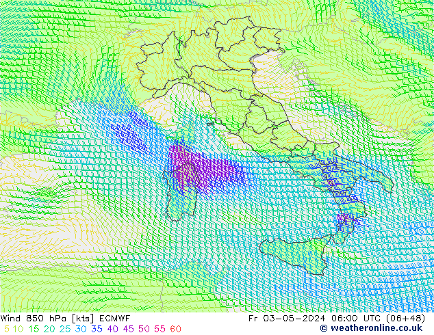 wiatr 850 hPa ECMWF pt. 03.05.2024 06 UTC