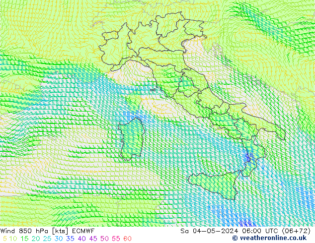 Vent 850 hPa ECMWF sam 04.05.2024 06 UTC