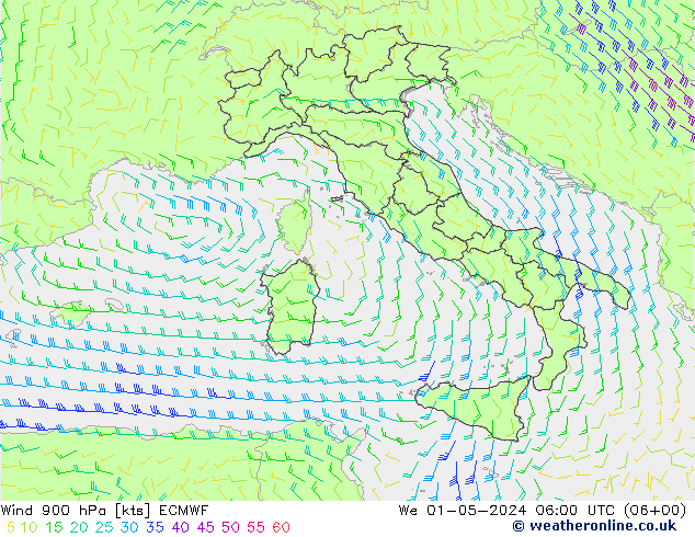 Vento 900 hPa ECMWF mer 01.05.2024 06 UTC