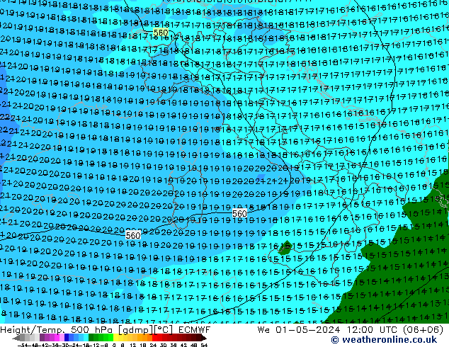 Z500/Rain (+SLP)/Z850 ECMWF We 01.05.2024 12 UTC