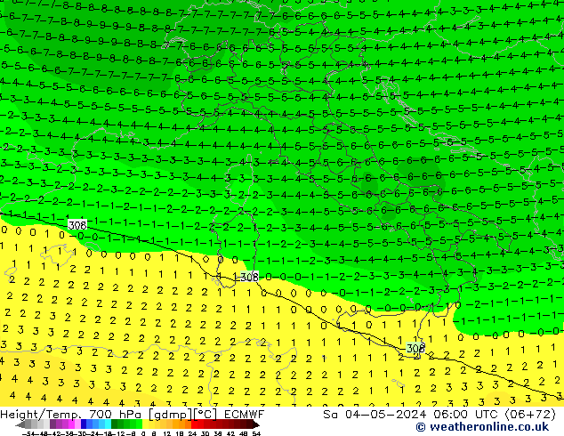 Height/Temp. 700 hPa ECMWF so. 04.05.2024 06 UTC