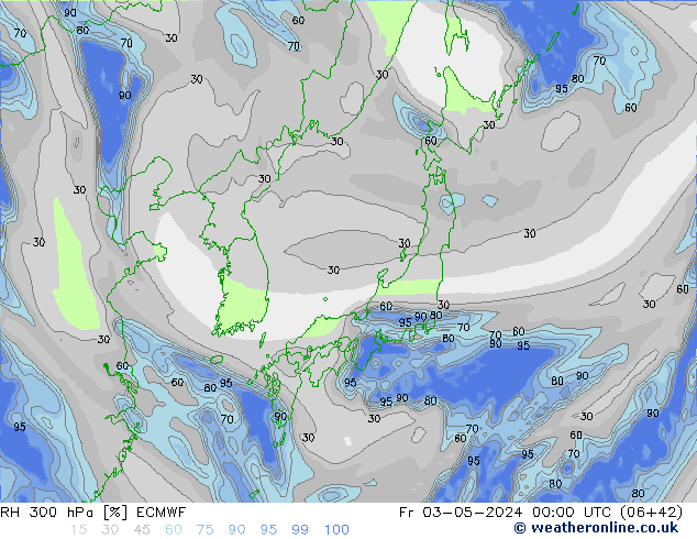 RH 300 hPa ECMWF Pá 03.05.2024 00 UTC