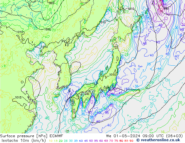 Eşrüzgar Hızları (km/sa) ECMWF Çar 01.05.2024 09 UTC