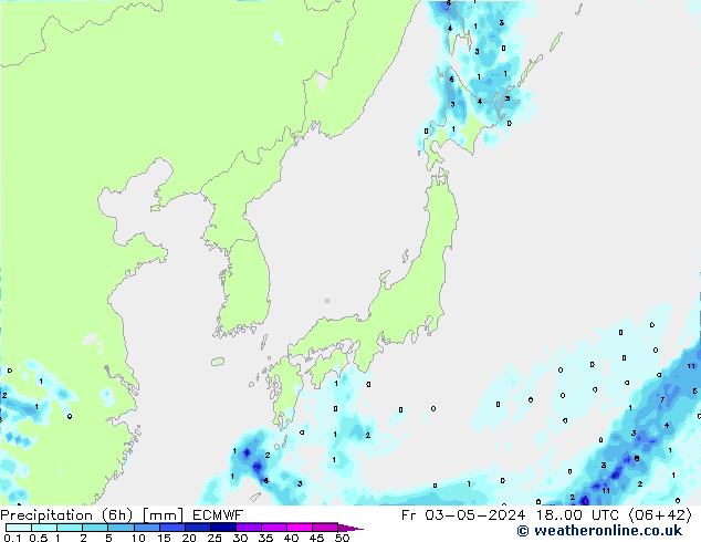 Totale neerslag (6h) ECMWF vr 03.05.2024 00 UTC