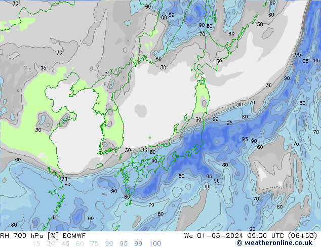 RH 700 hPa ECMWF We 01.05.2024 09 UTC