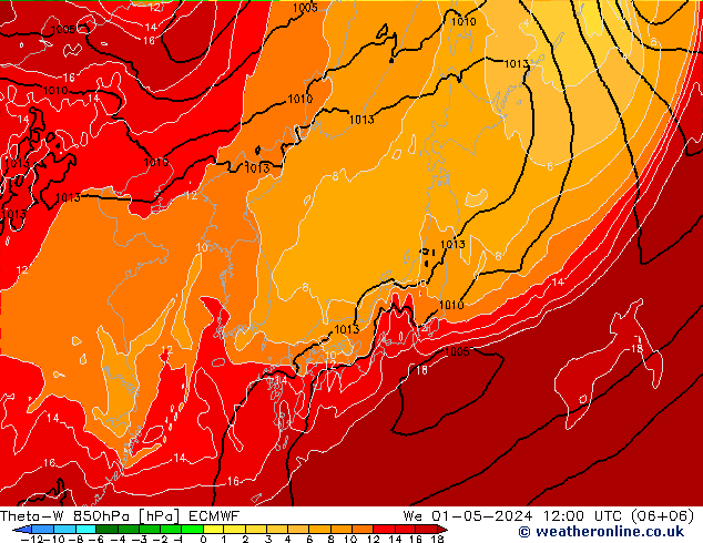 Theta-W 850гПа ECMWF ср 01.05.2024 12 UTC