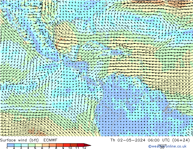 Surface wind (bft) ECMWF Th 02.05.2024 06 UTC