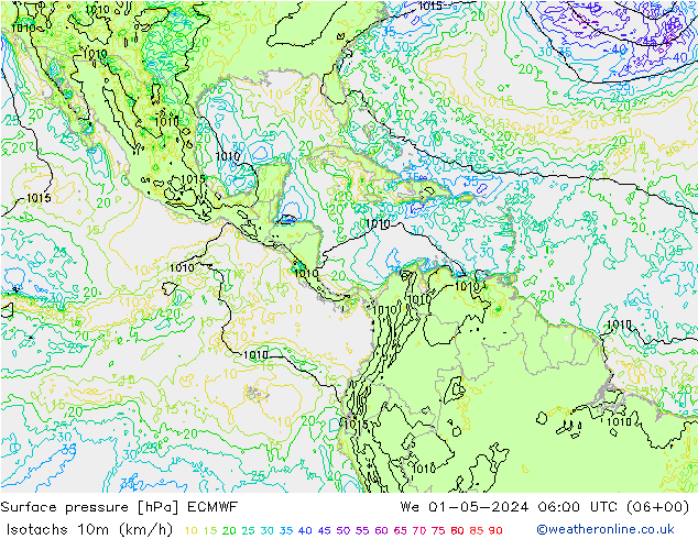 Izotacha (km/godz) ECMWF śro. 01.05.2024 06 UTC